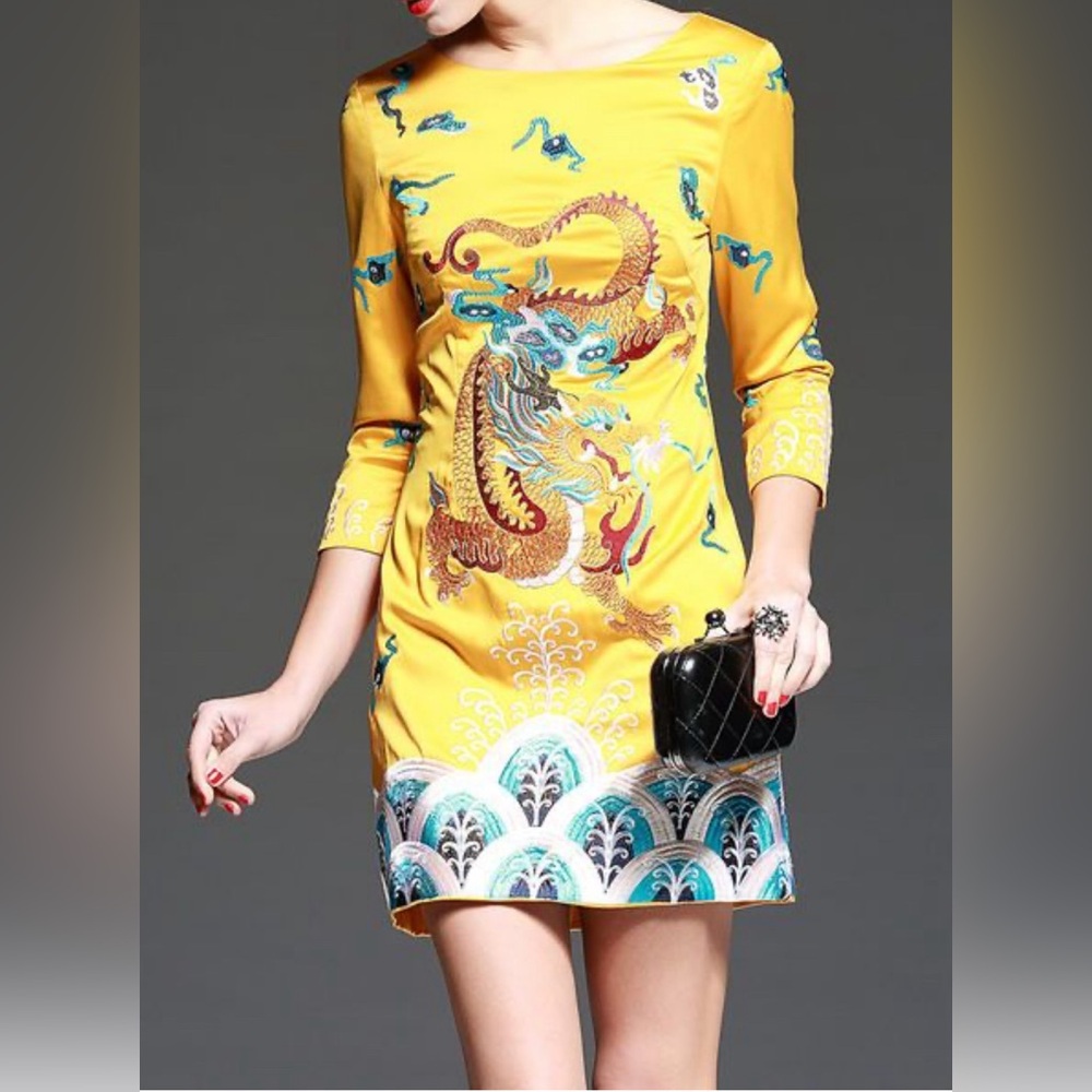 Yellow Embroidery 3/4 Sleeve Mini Dress
